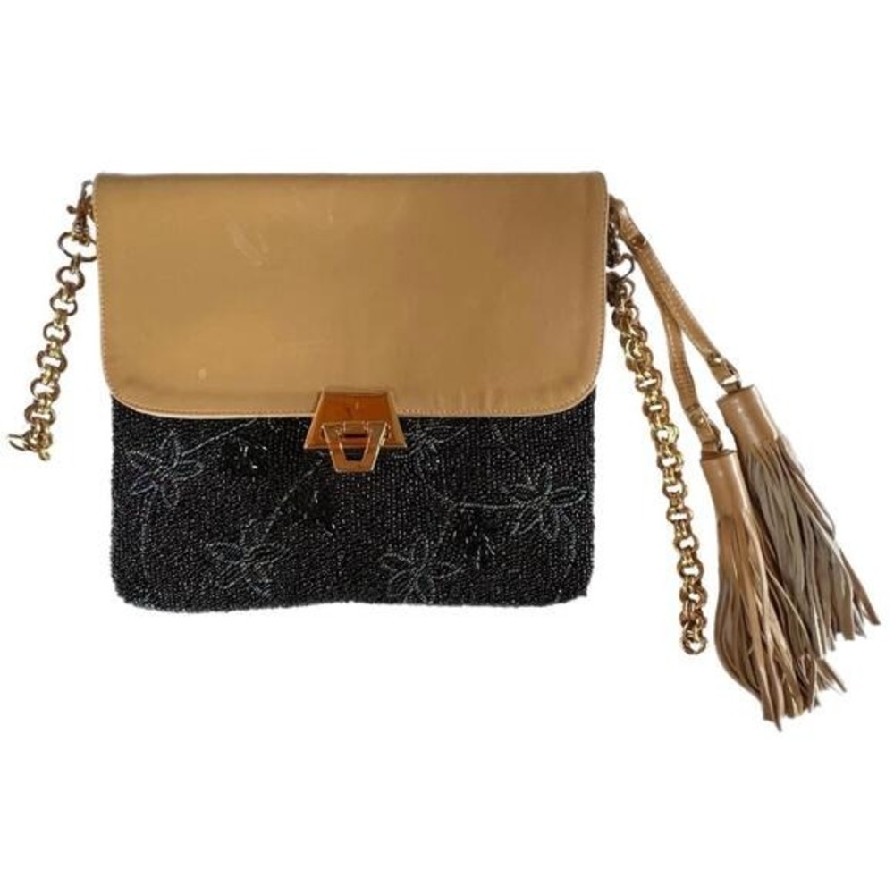 Christiana Handbag Black Tan‎ Beaded Floral Leather Tassel Gold Chain OS